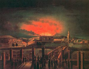 ein dunkles Gemälde, ein roter Himmel über dem brennenden Schloss, Menschen flüchten über eine Brücke
